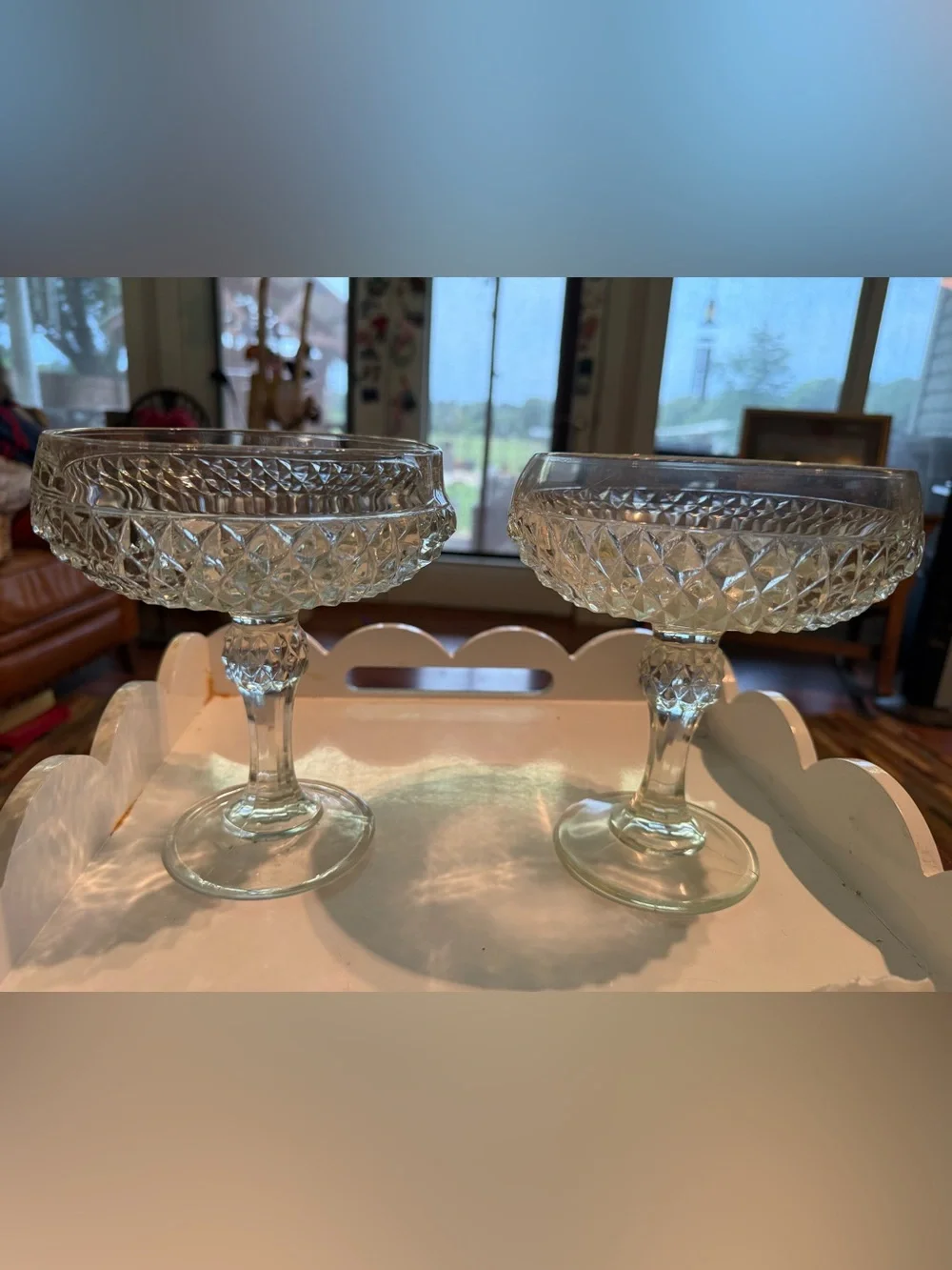 Pair Of Indiana Glass Diamond Point Clear Compote Bowl Candy Trinket Dish